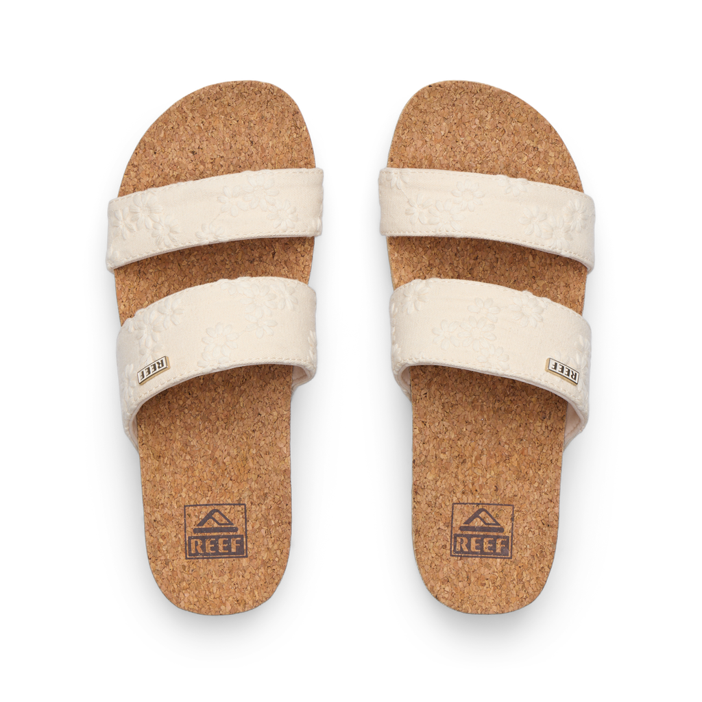 Cushion Vista Hi women's sandals facing upward with cork footbeds, padded straps, anatomical arch support, beach-inspired comfort.