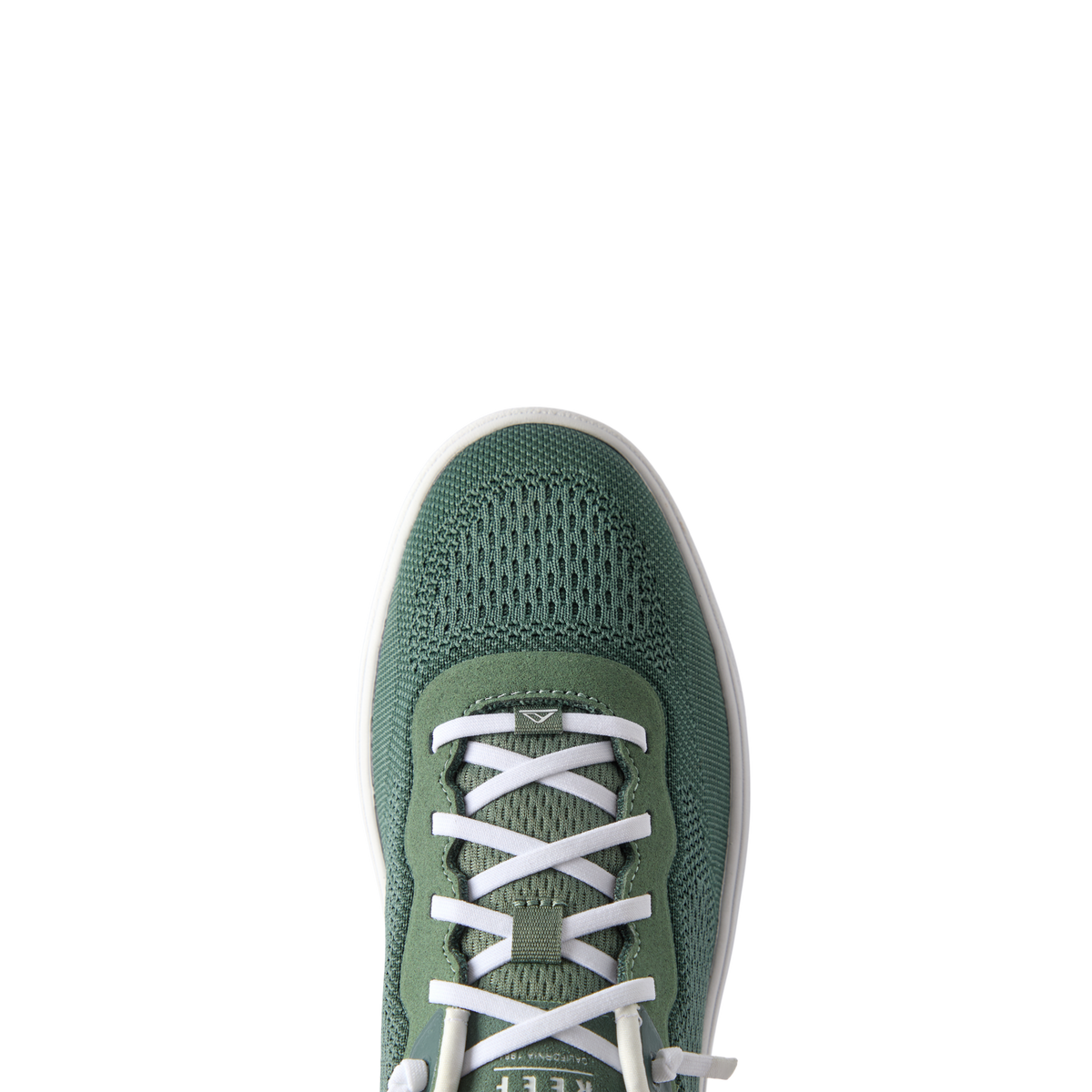 Top view close-up of the green Shoreline Del Mar sneaker with white laces, featuring breathable mesh and comfort-focused design.