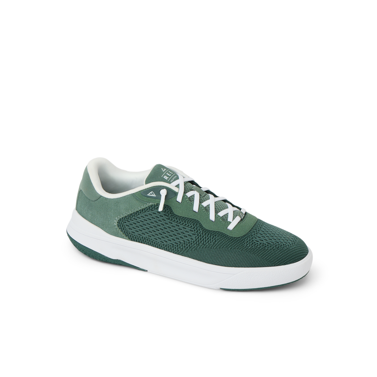Shoreline Del Mar men's sneaker facing right, green breathable mesh with cushioned arch support, beach-inspired comfort