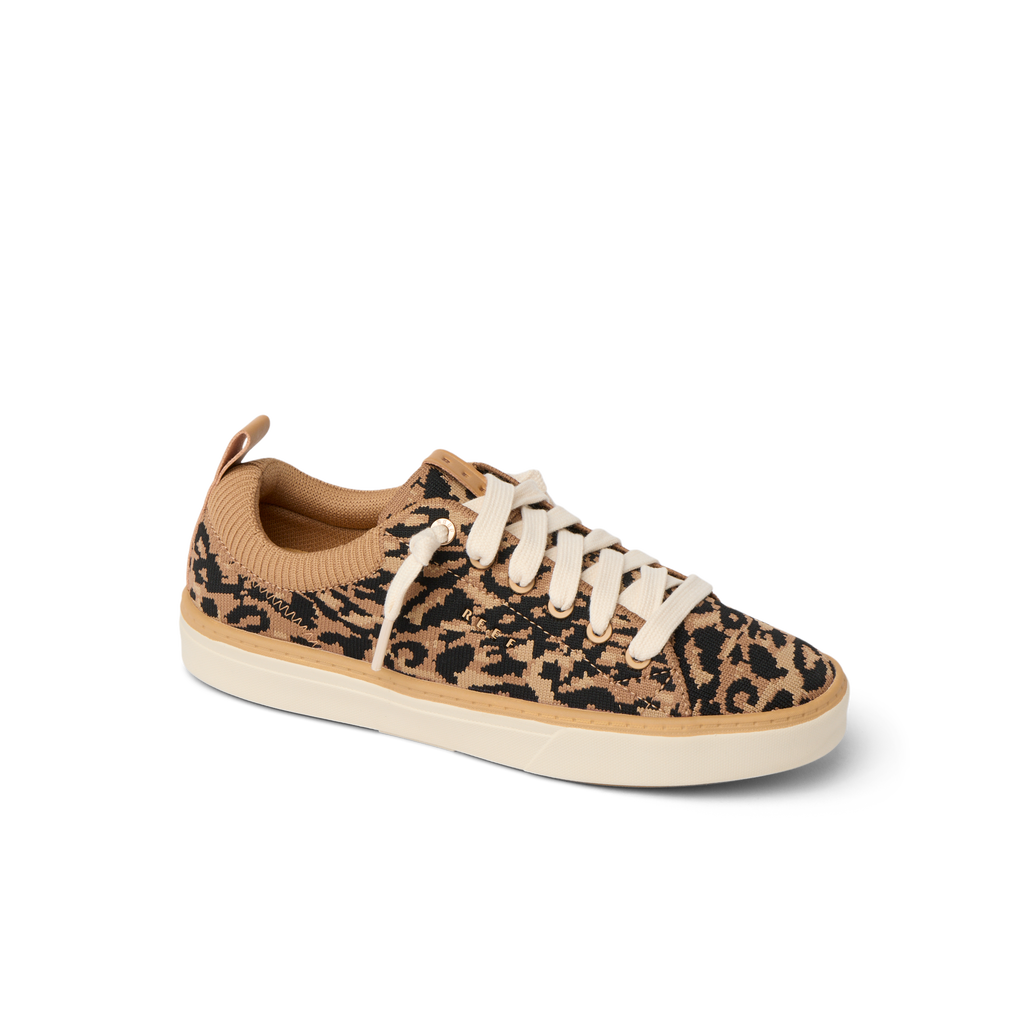 Lay Day Lite women's sneaker facing left, leopard print knit, lightweight with anatomical arch support and cushioning.