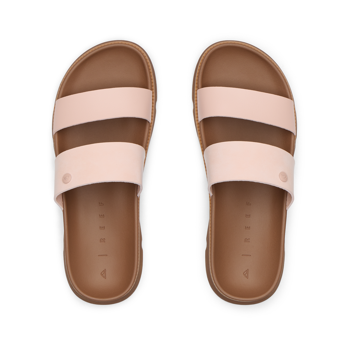 Vista Luxe Thea women's sandals, top view facing upward, blush pink straps with soft cushioning for beach comfort.