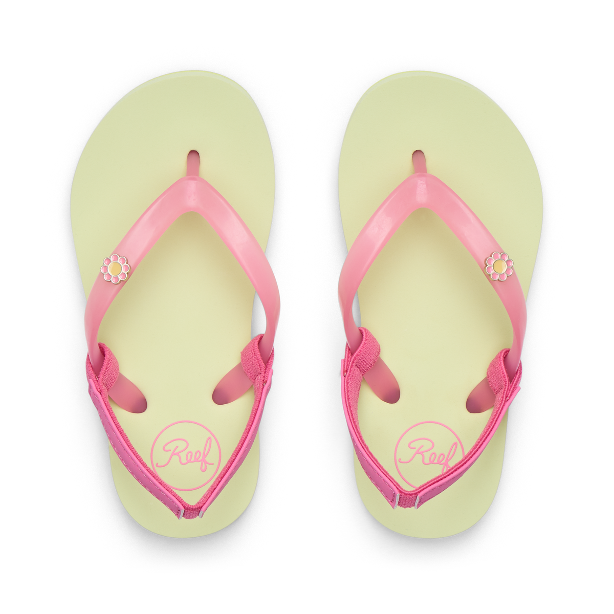Little Charming girls' flip flops facing up, pink straps with flower detail, lime footbed, comfort focused design.