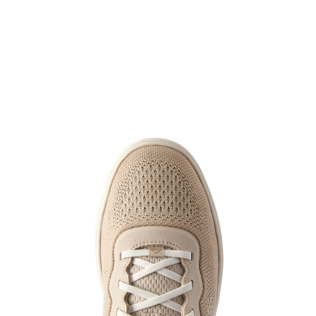 Top view close-up of Shoreline Del Mar men's sneaker in light tan, featuring breathable mesh and comfort cushioning.
