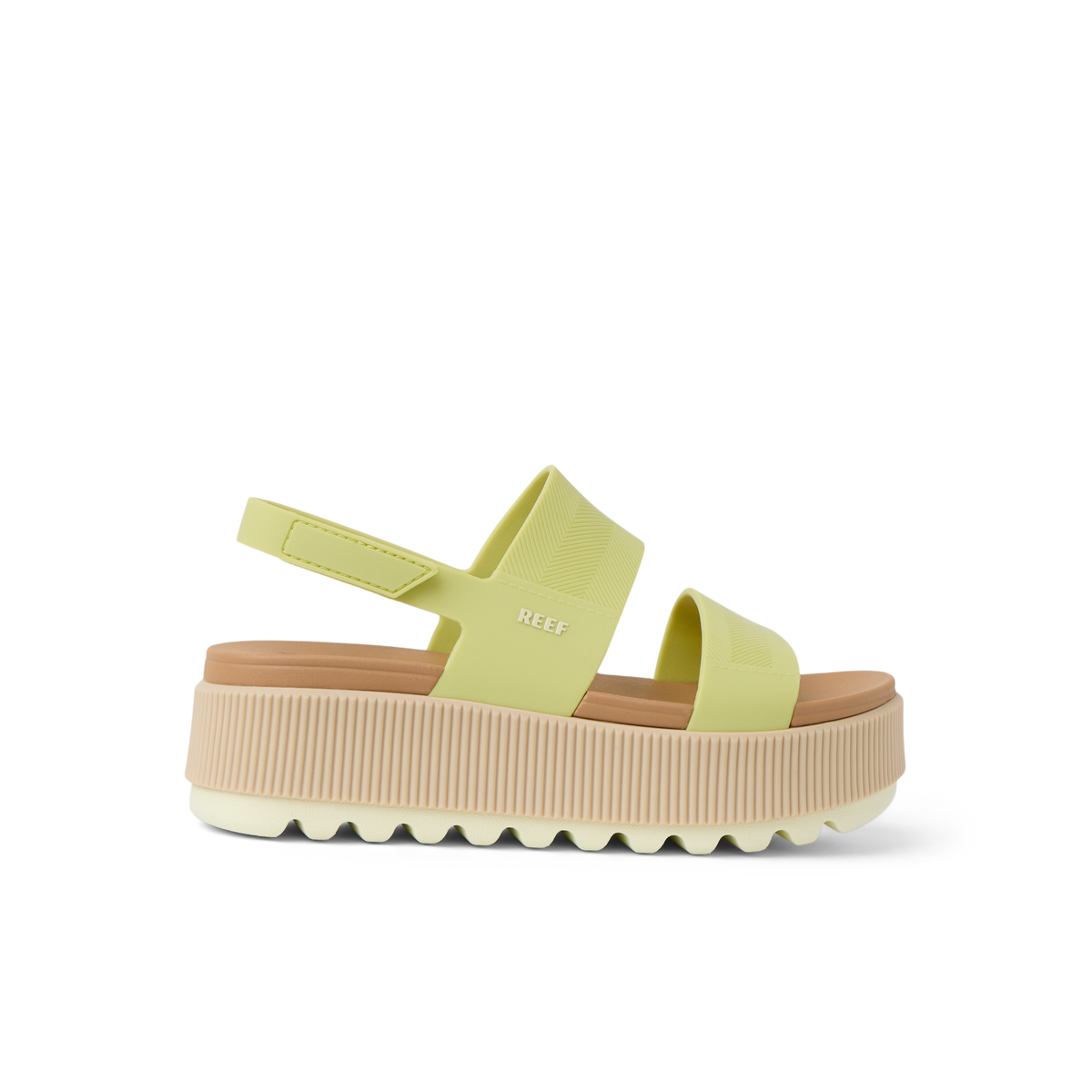 Water Vista Higher women's sandal facing left, lime sherbert color with thick cushioned platform sole for beach comfort.