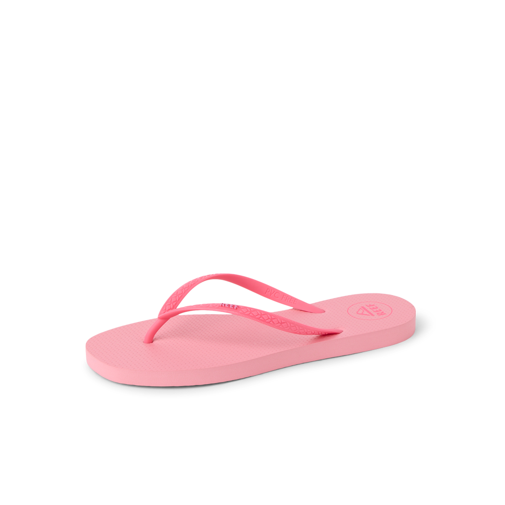 Seaside Square Toe sandal facing left, close-up of coral pink flip flop with soft-rebound cushioning and arch support.