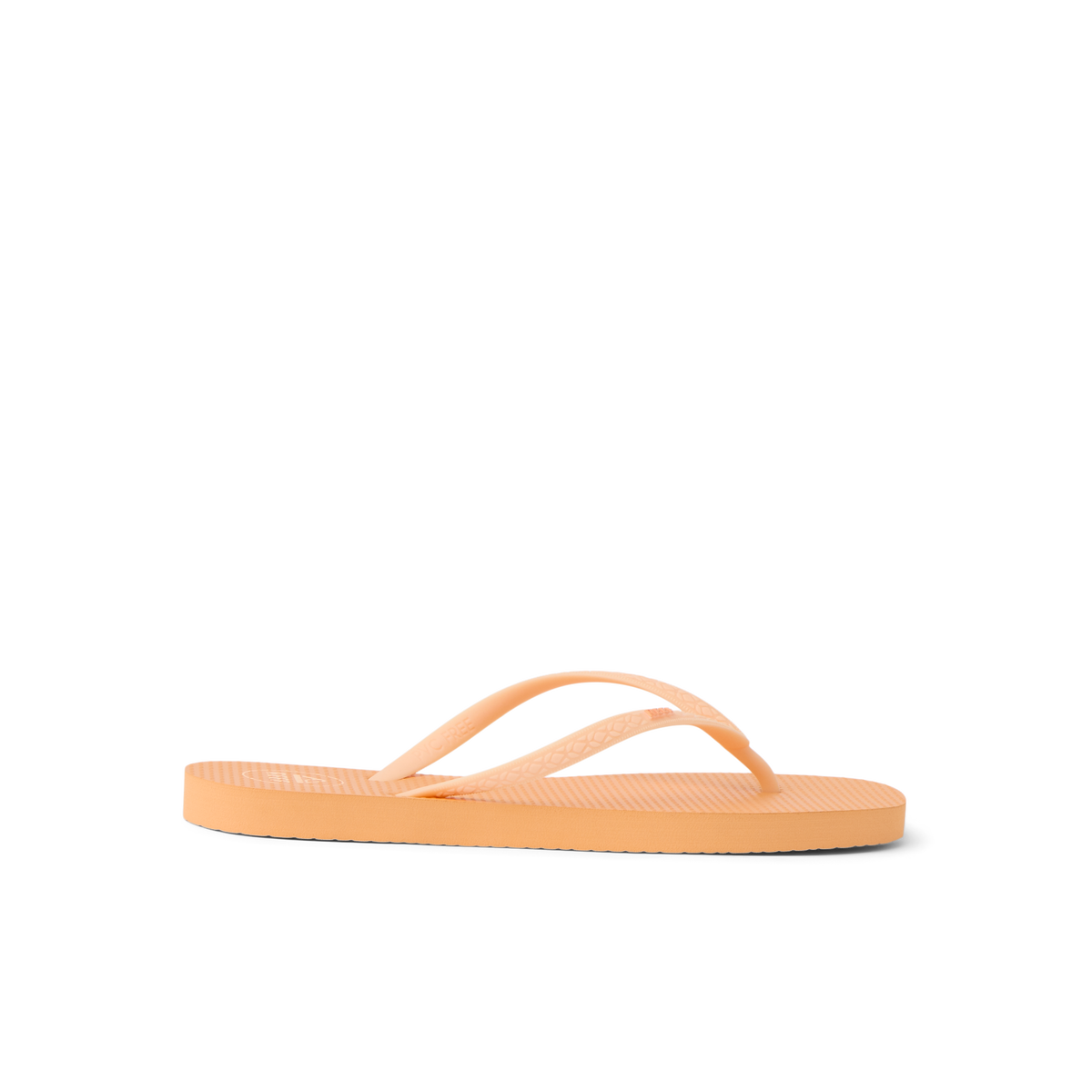 Seaside Square Toe women's orange chiffon sandal facing left, close-up of side profile with soft cushioning and arch support.