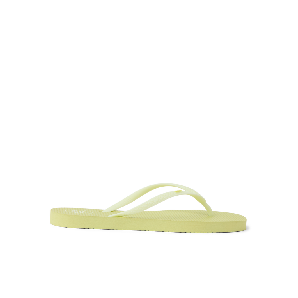 Seaside Square Toe women's lime sherbet flip flop facing right, showing side profile with cushioned sole for beach comfort