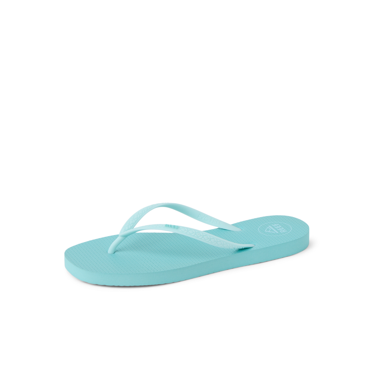 Seaside Square Toe women's aqua haze flip flop facing right, close-up of front footbed and straps with cushioned sole.