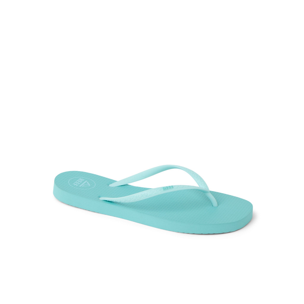 Seaside Square Toe women's aqua haze flip flop facing left showing top and side with comfort cushioning and arch support.