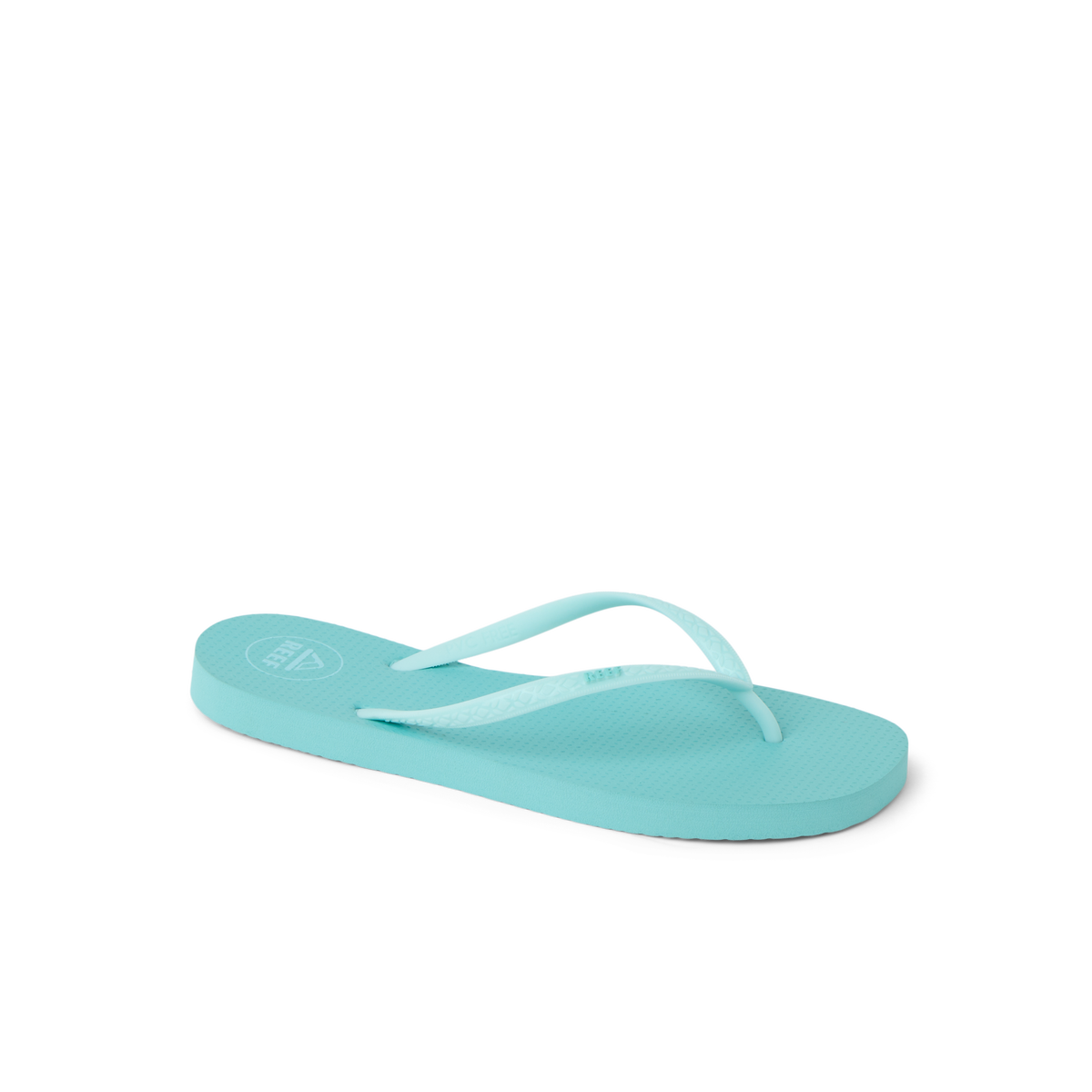 Seaside Square Toe women's aqua haze flip flop facing left showing top and side with comfort cushioning and arch support.