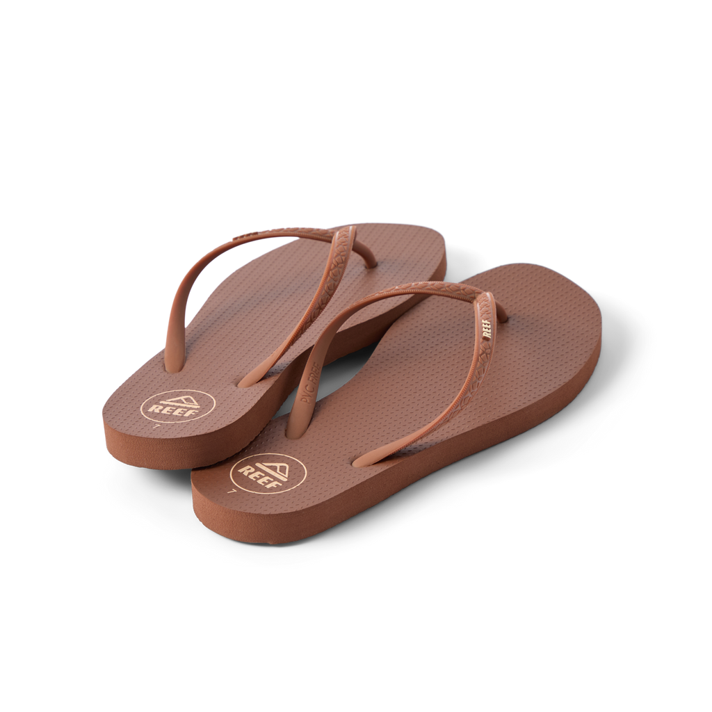 Seaside Square Toe women's brown flip flops facing forward showing toe area, soft cushioning, and durable straps