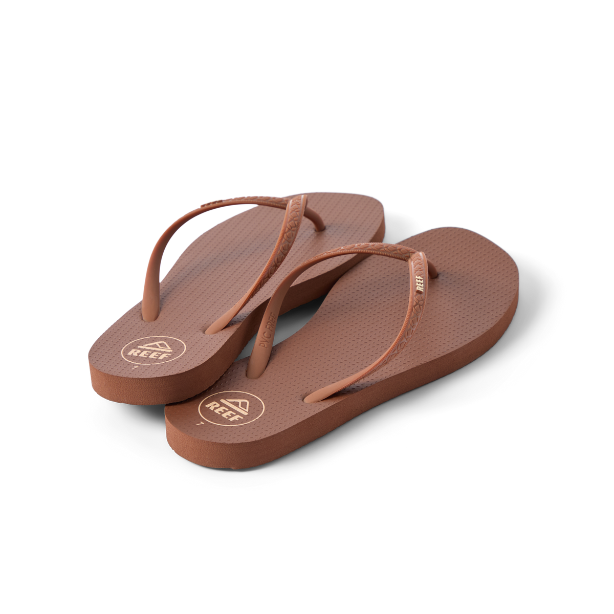 Seaside Square Toe women's brown flip flops facing forward showing toe area, soft cushioning, and durable straps