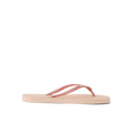 Seaside Square Toe women's sandal facing left, rose metallic straps, soft cushioning, and anatomical arch support.