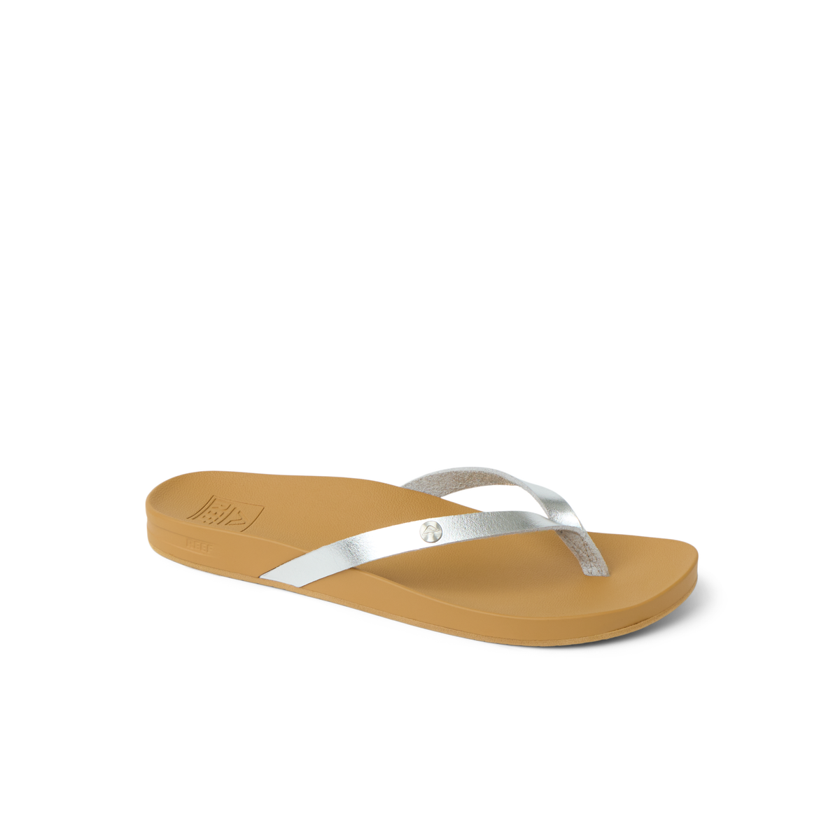 Vista Ivy women's silver metallic sandal facing right with soft cushioning and arch support for beach comfort.