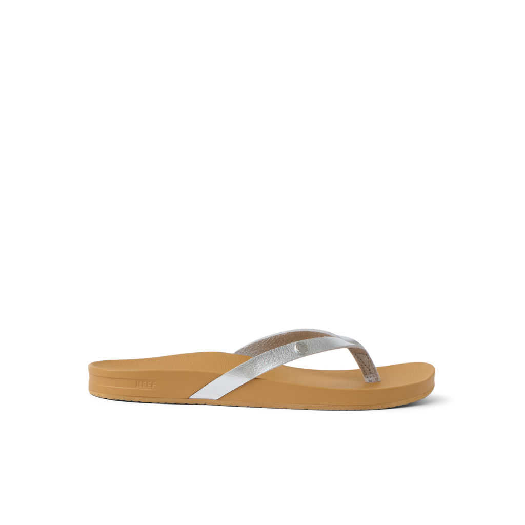 Vista Ivy women's silver metallic flip flop facing right, showing side profile with cushioned arch support and water-friendly sole.