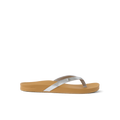 Vista Ivy women's silver metallic flip flop facing right, showing side profile with cushioned arch support and water-friendly sole.