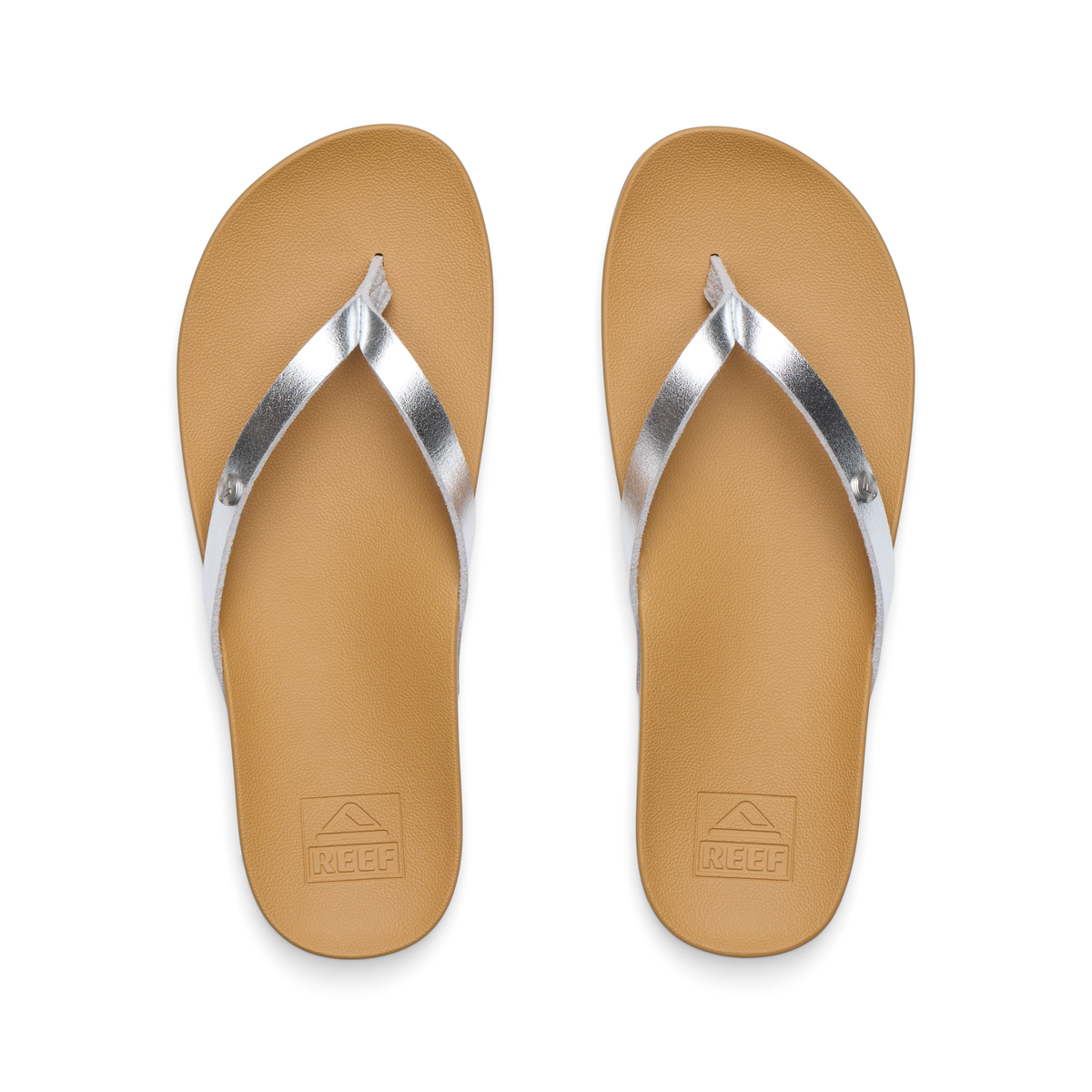 Vista Ivy women's sandals top view with silver metallic straps and tan cushioned footbeds for beach comfort
