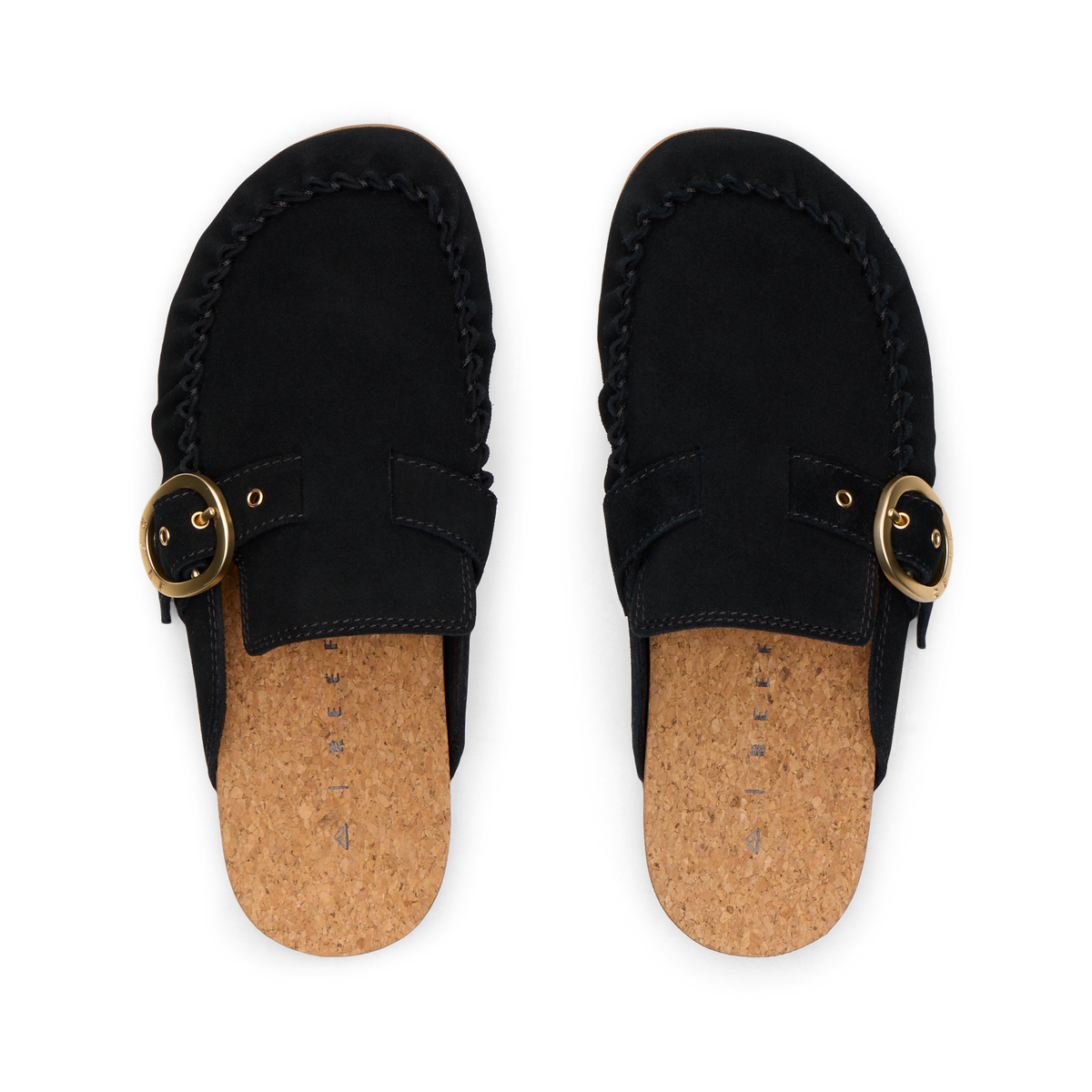 Top view of Vista Siena women's black suede clog with roomy silhouette, buckle detail, and cork footbed for beach-inspired comfort