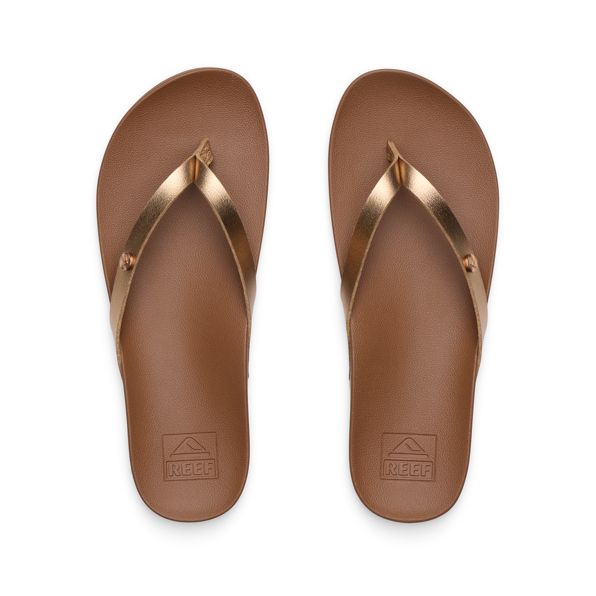 Vista Ivy women's flip flops top view, bronze straps, cushioned footbed with anatomical arch support for beach comfort.