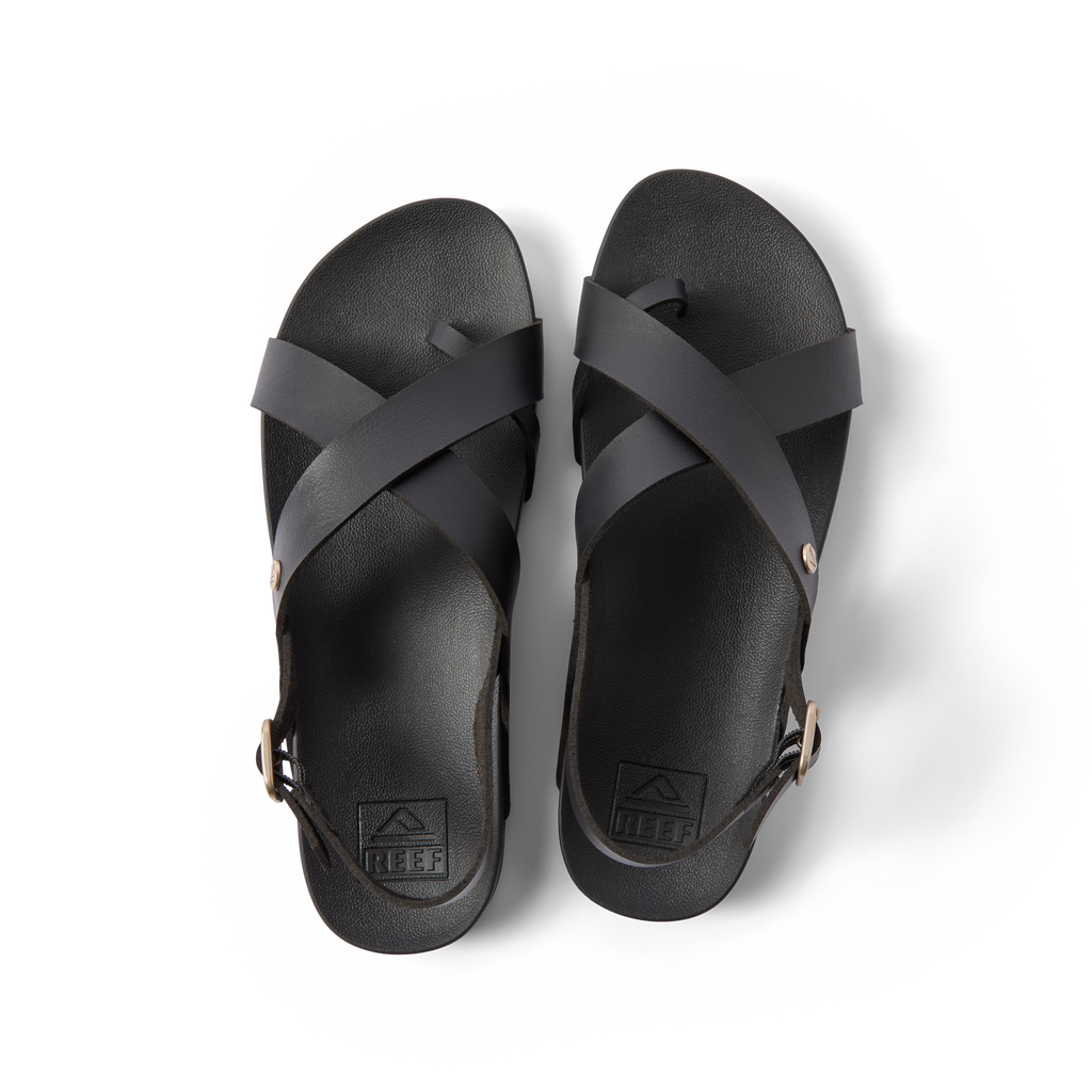 Vista Malia women's black sandals top view showing crisscross straps, molded footbed, and comfort-focused design facing upward.