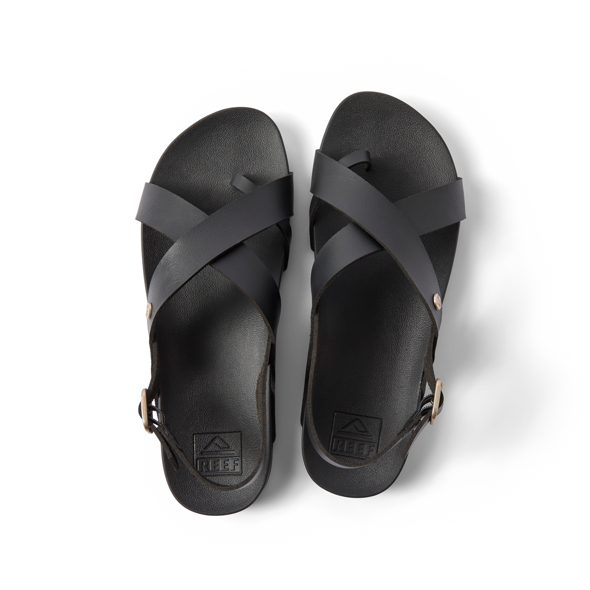 Vista Malia women's black sandals top view showing crisscross straps, molded footbed, and comfort-focused design facing upward.