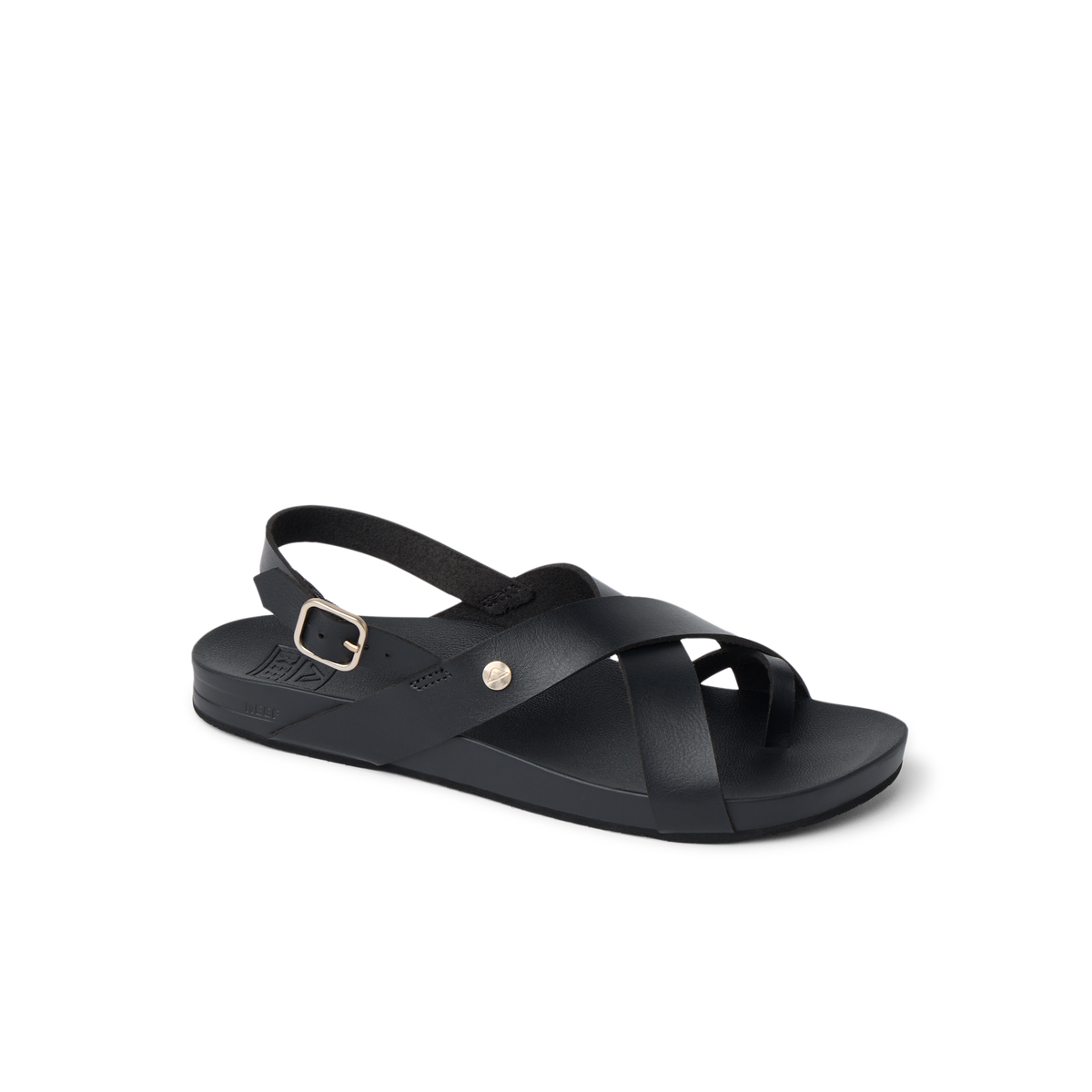 Vista Malia women's black sandal facing right with adjustable ankle strap, anatomical arch support, and cushioned footbed.