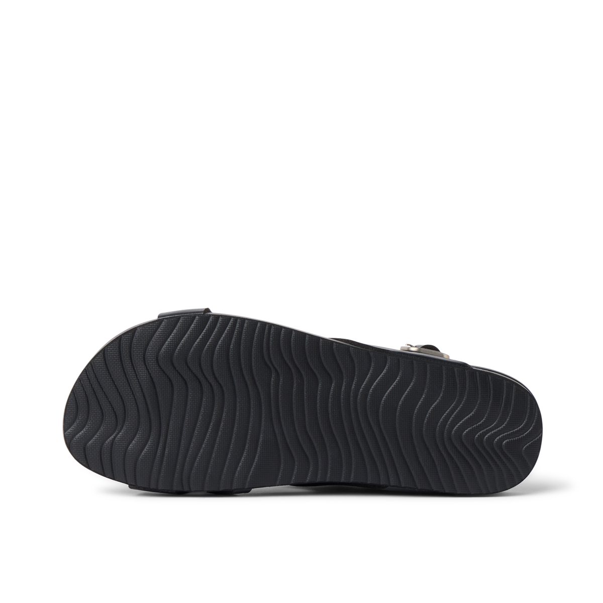 Vista Malia black sandal outsole facing up, showing textured, water-friendly sole with cushioned arch support