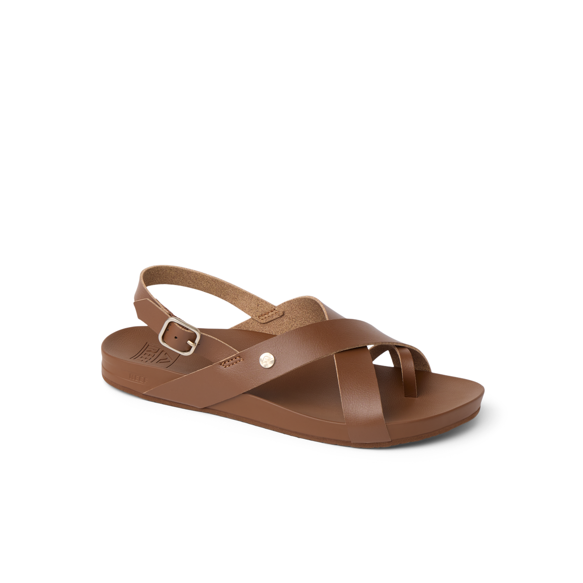 Vista Malia sandal in chocolate brown facing right, close-up of front and side with cushioned arch support and toe strap.