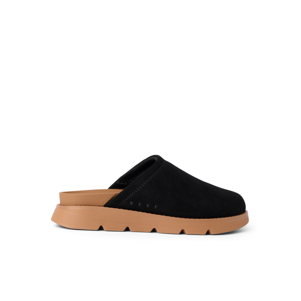 Vista Luxe Mariana women's black slip-on sandal facing right, showing side profile with cushioned sole and arch support.