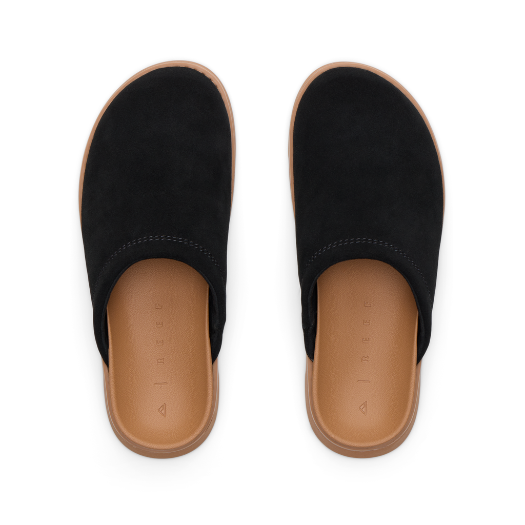 Top view of black Vista Luxe Mariana women’s slides with anatomical arch support and soft cushioning for beach comfort