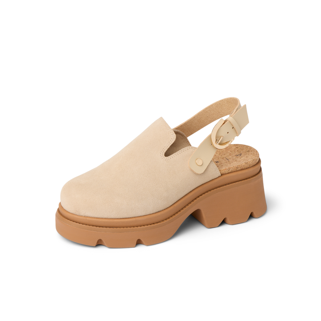 Vista Luxe Solene platform clog facing right, close-up of adjustable buckle strap and suede upper with arch support.