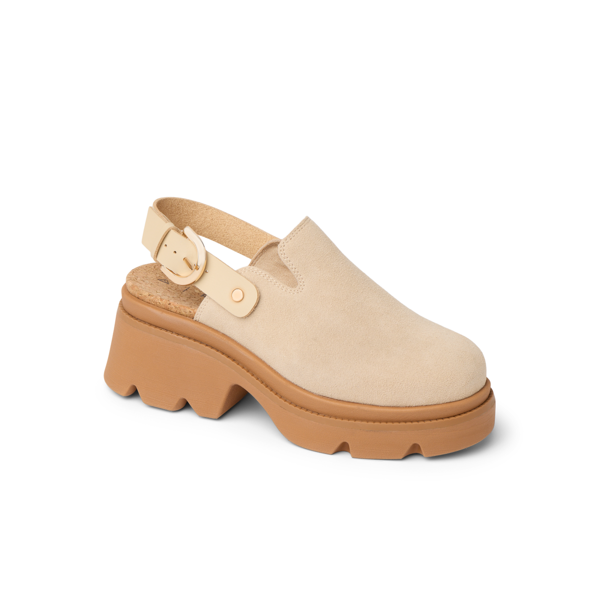 Vista Luxe Solene facing left, close-up on platform clog with suede upper, adjustable buckle, and structured arch support.