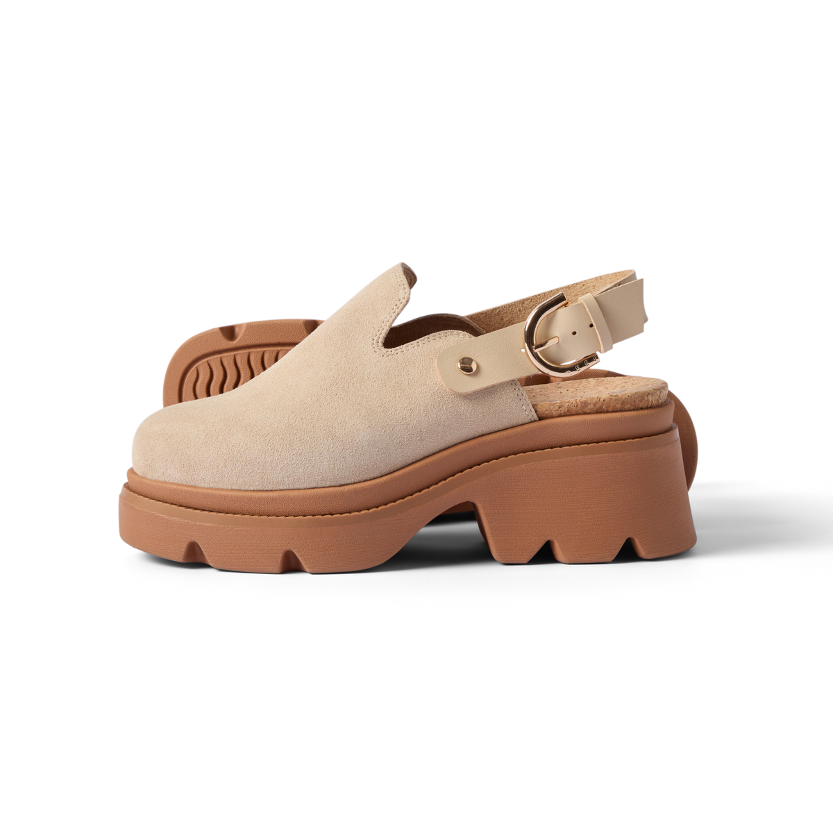 Vista Luxe Solene facing right, close-up of platform clog with suede upper, adjustable buckle, and cushioned arch support heel.