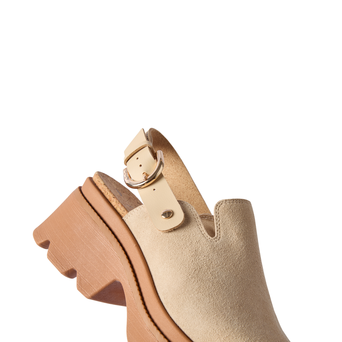 Vista Luxe Solene clog facing left, close-up of front and adjustable buckle strap, premium suede with platform sole.