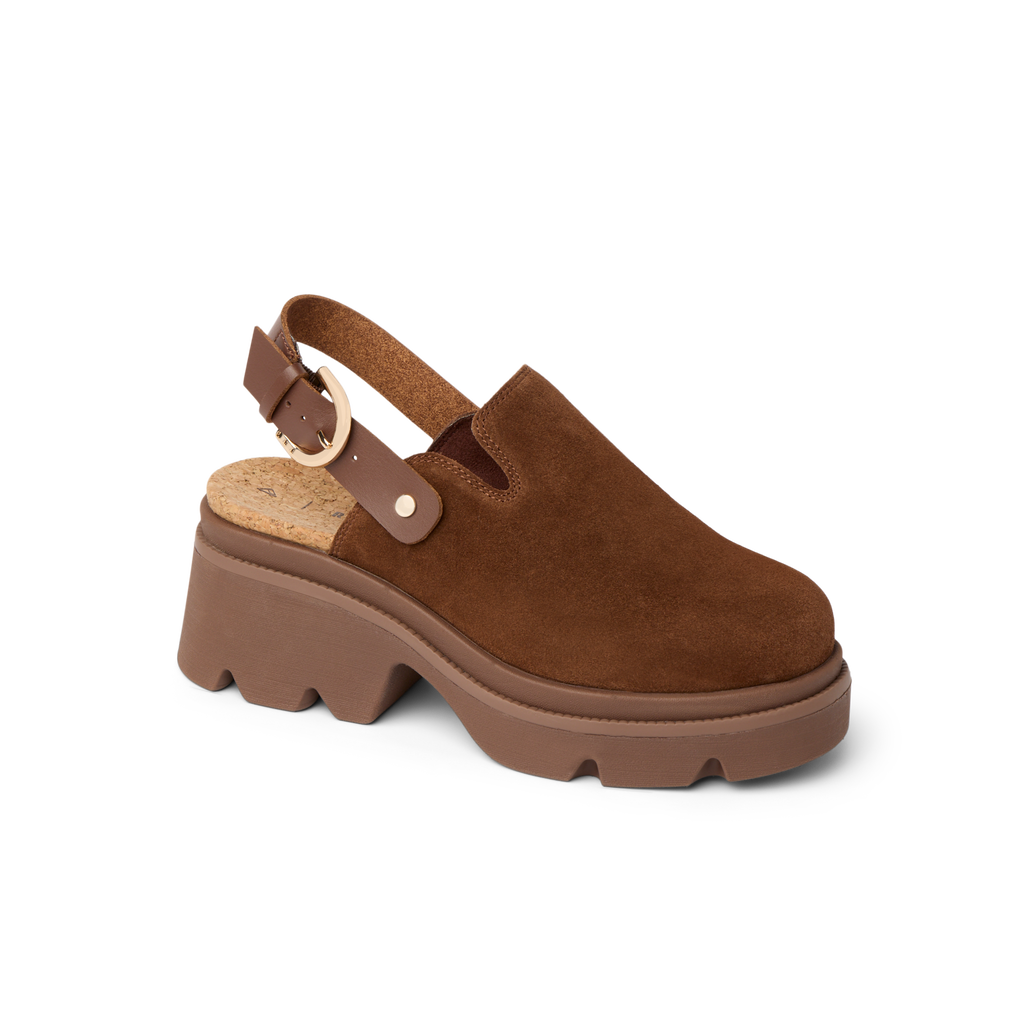 Vista Luxe Solene brown suede platform clog facing left, close-up of side with adjustable buckle strap and arch support.