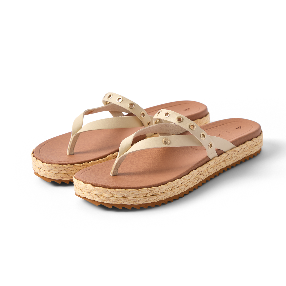 Vista Carmen women's sandals facing left with braided platform sole, grommet details, and soft cushioning for beach comfort