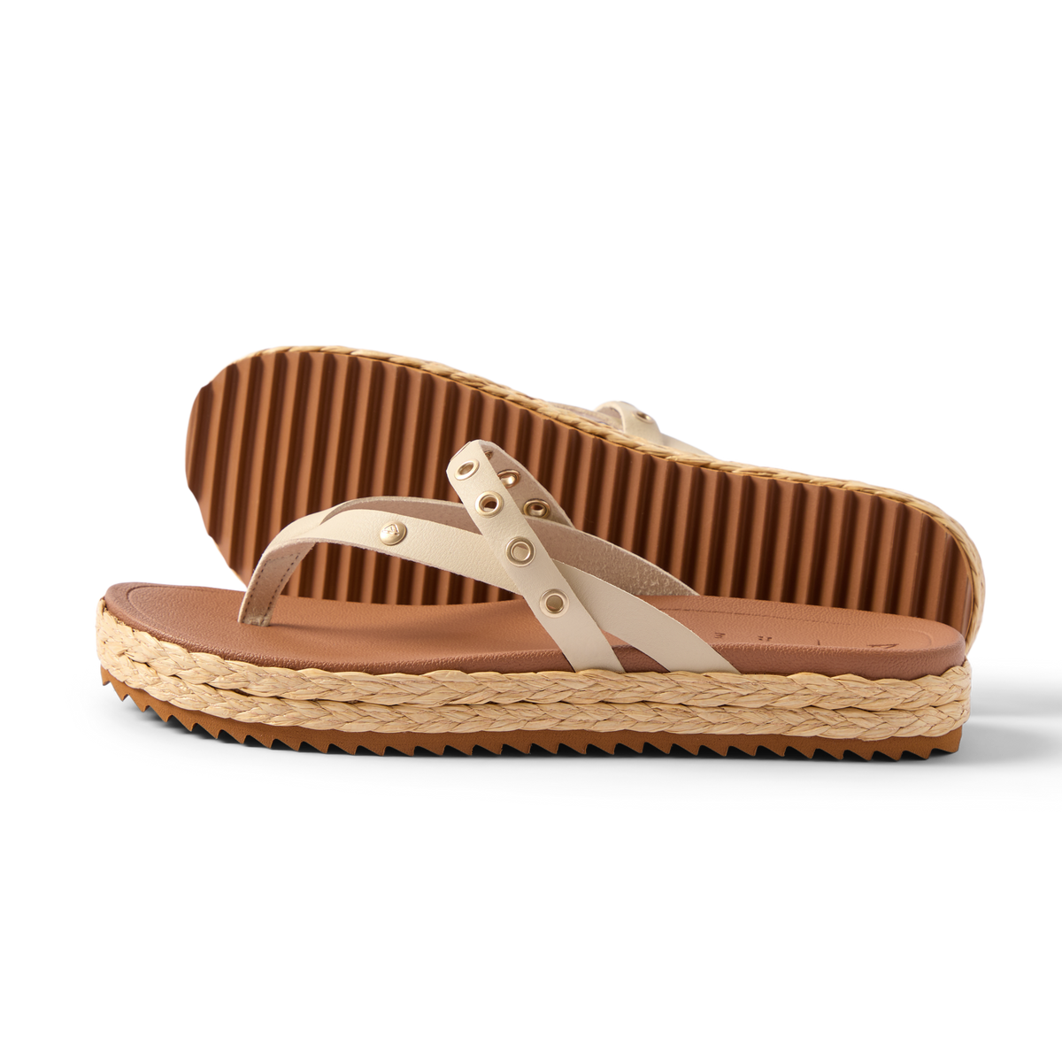Vista Carmen women's sandals facing left with rivet details, textured sole, and beach-inspired comfort design.