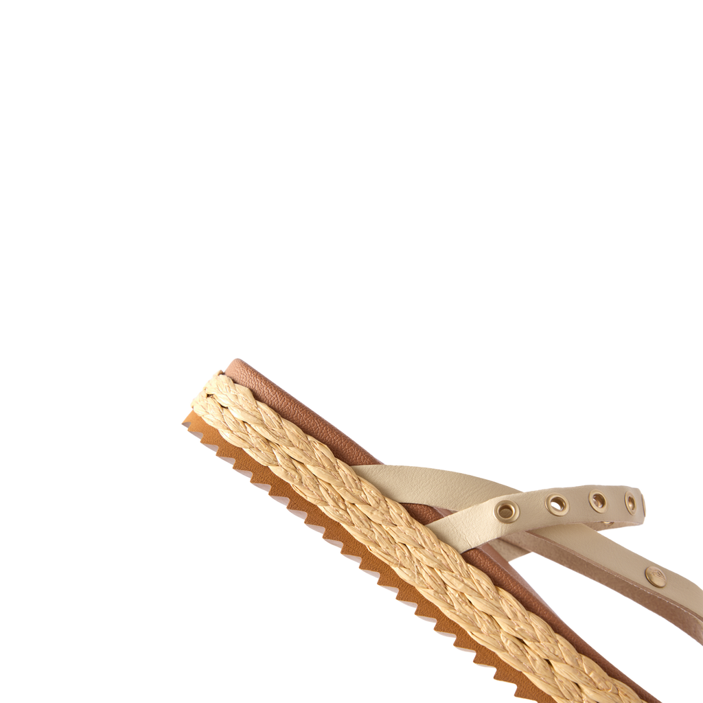 Vista Carmen women's sandal facing left, close-up of side showing braided platform and cushioned footbed for comfort.