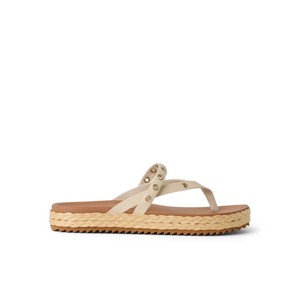 Vista Carmen women's sandal facing left with rivet straps, platform sole, soft cushioning, and arch support for beach comfort