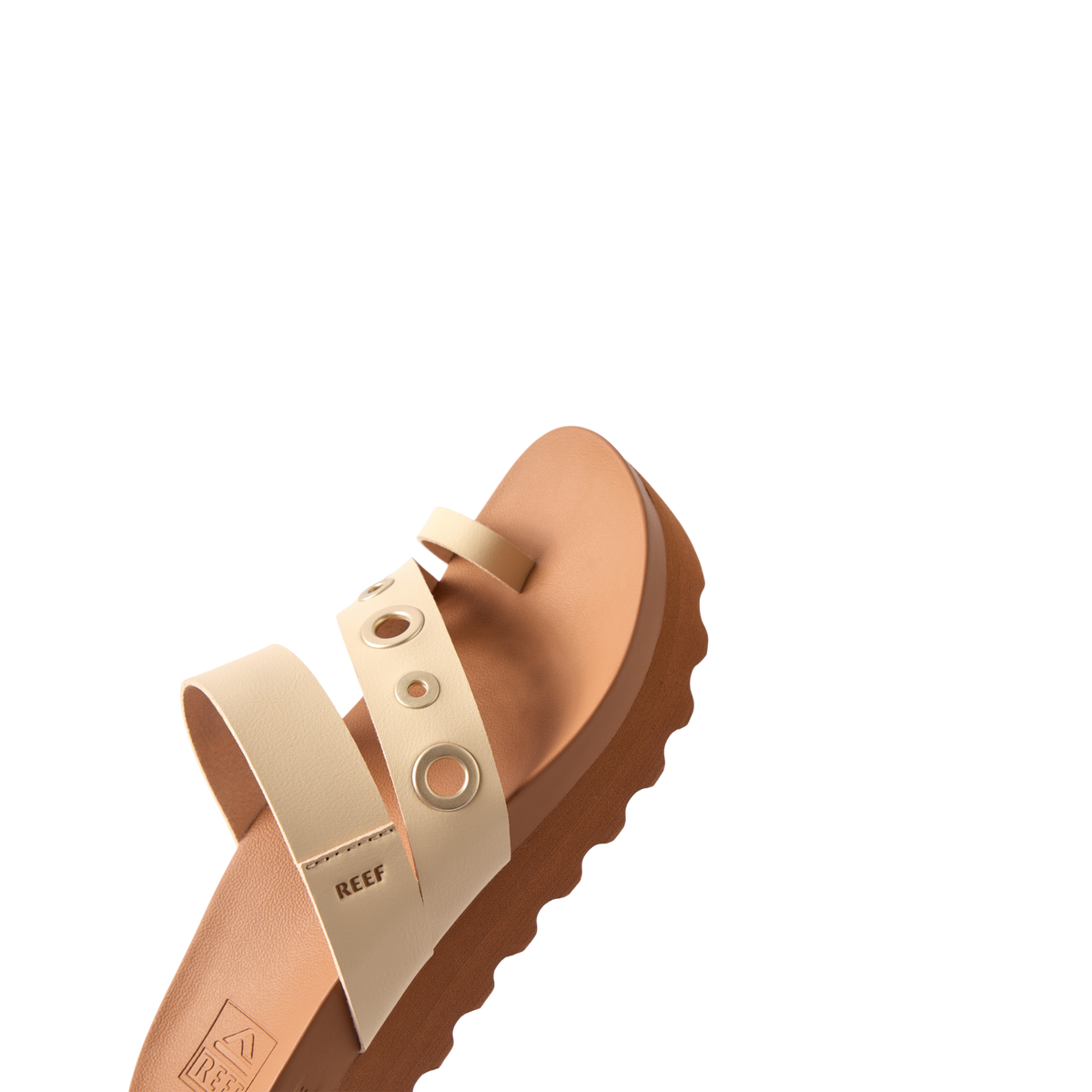 Vista Hi Layla sandal facing left, close-up on upper straps and toe post with cushioned arch support and durable sole.