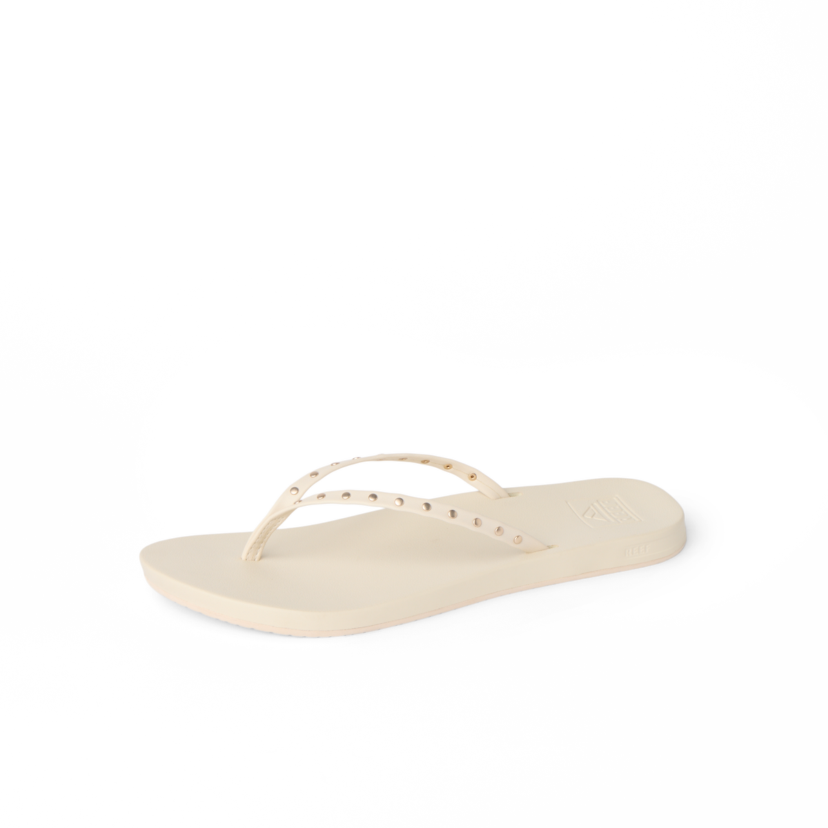 Cushion Slim Studs women's sandal facing left, featuring soft-rebound cushioning and studded straps for beach comfort.
