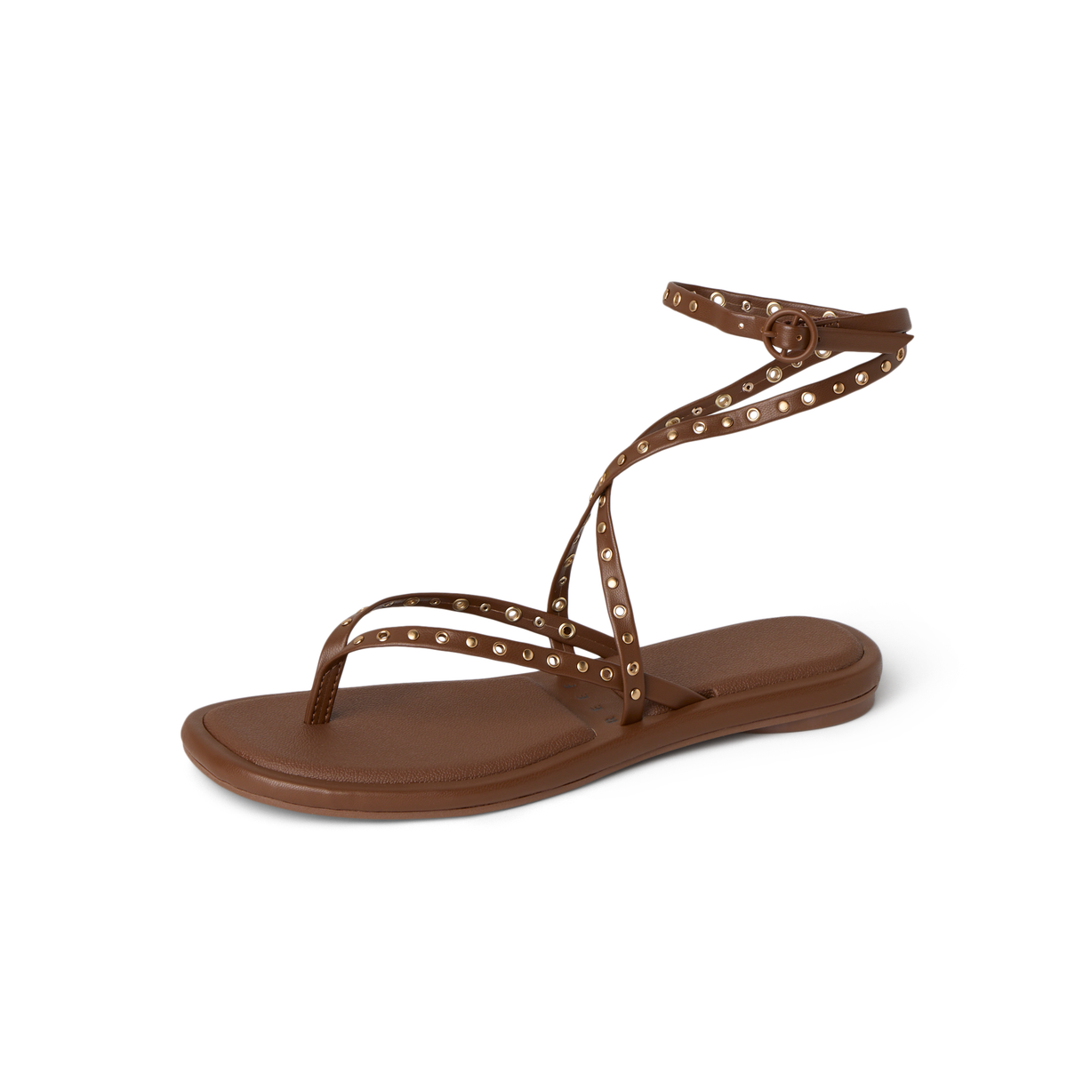 Willow Quinn Studs sandal in brown facing right, close-up on straps with comfort cushioning and arch support.