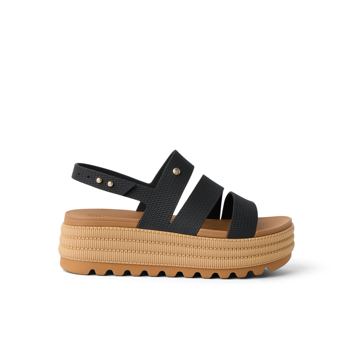 Water Vista Higher 2 women's sandal facing left, showing black straps and tan platform sole with cushioning and arch support.