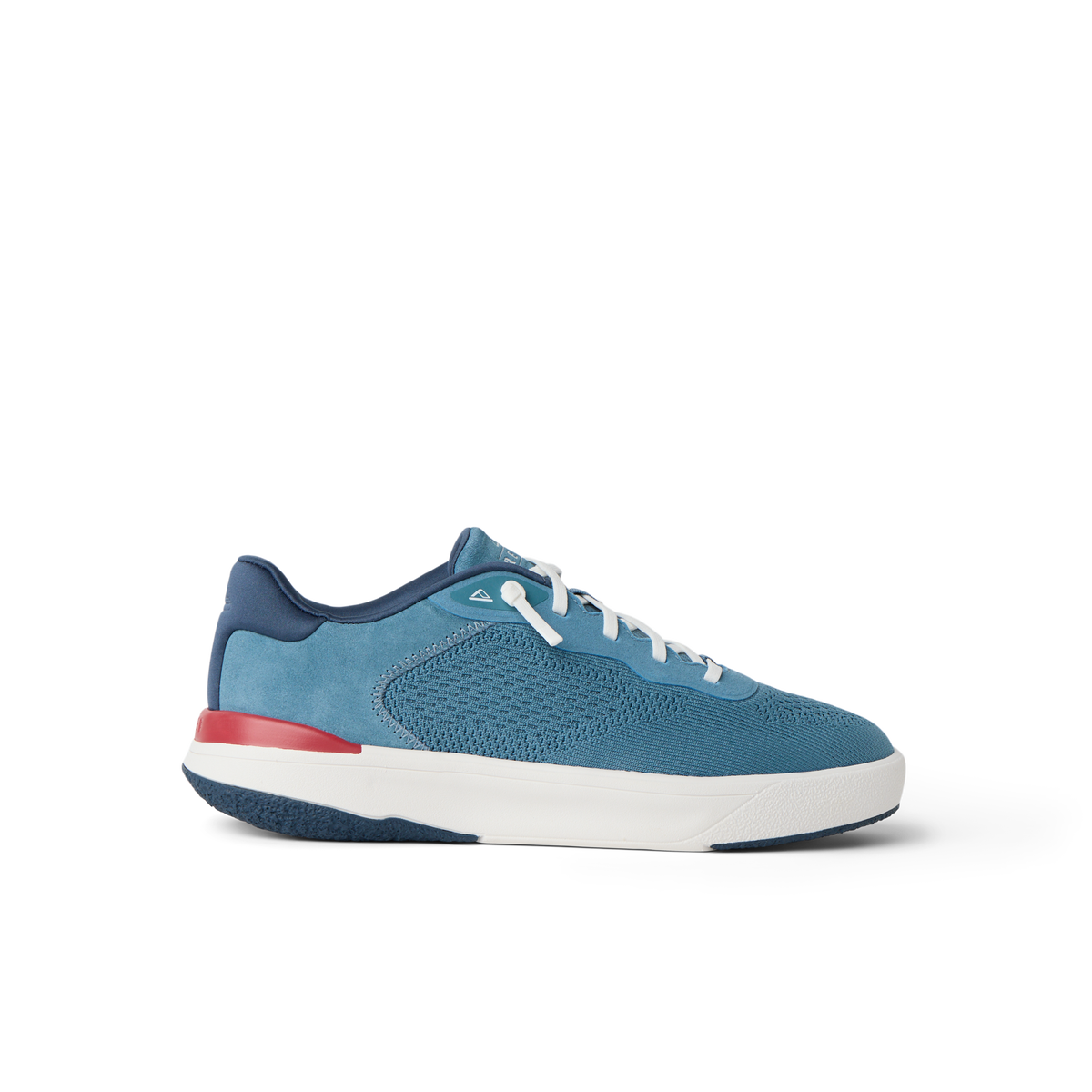 Side view of Shoreline Del Mar men's sneaker in navy, white, and red featuring lightweight, water-friendly materials and comfort design.