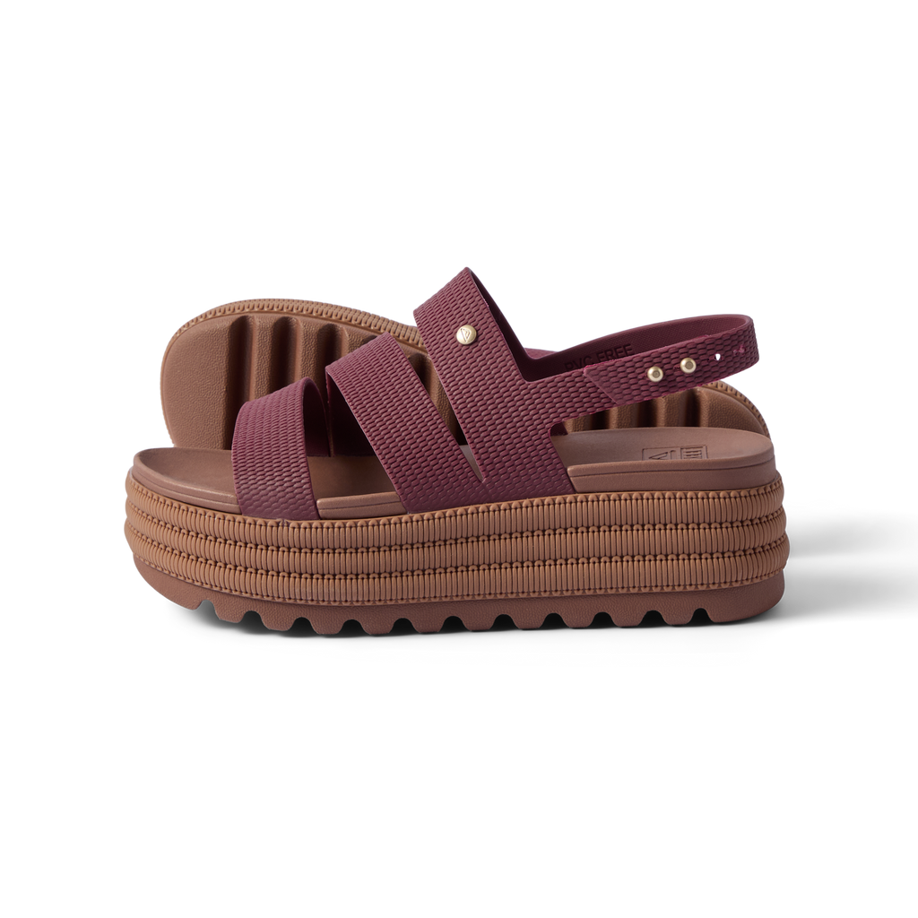 Side view of Water Vista Higher 2 platform sandals in burgundy, featuring water-friendly materials and arch support.