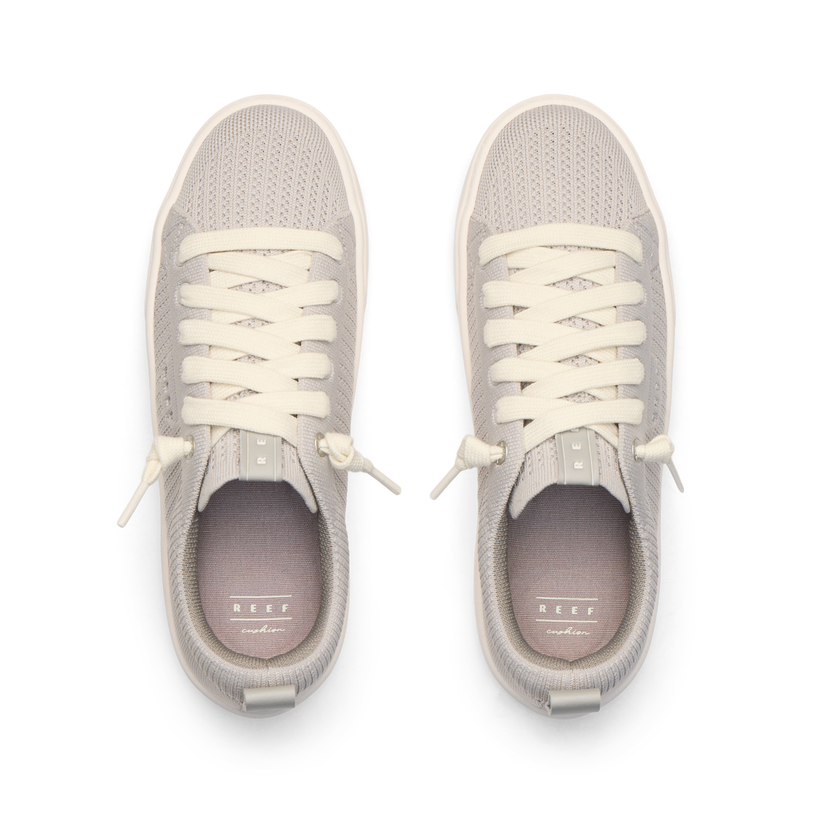 Top view of light gray Lay Day Lite women's sneakers featuring breathable mesh and soft cushioning for beach comfort.