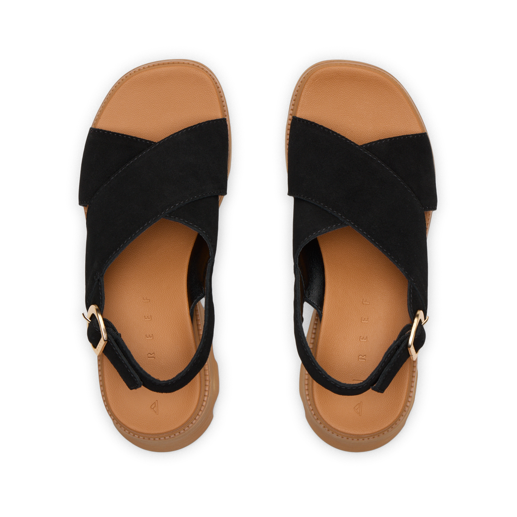 Pair of black Vista Luxe Ava sandals top view showing crossover strap and ankle buckle, designed for comfort and beach style.
