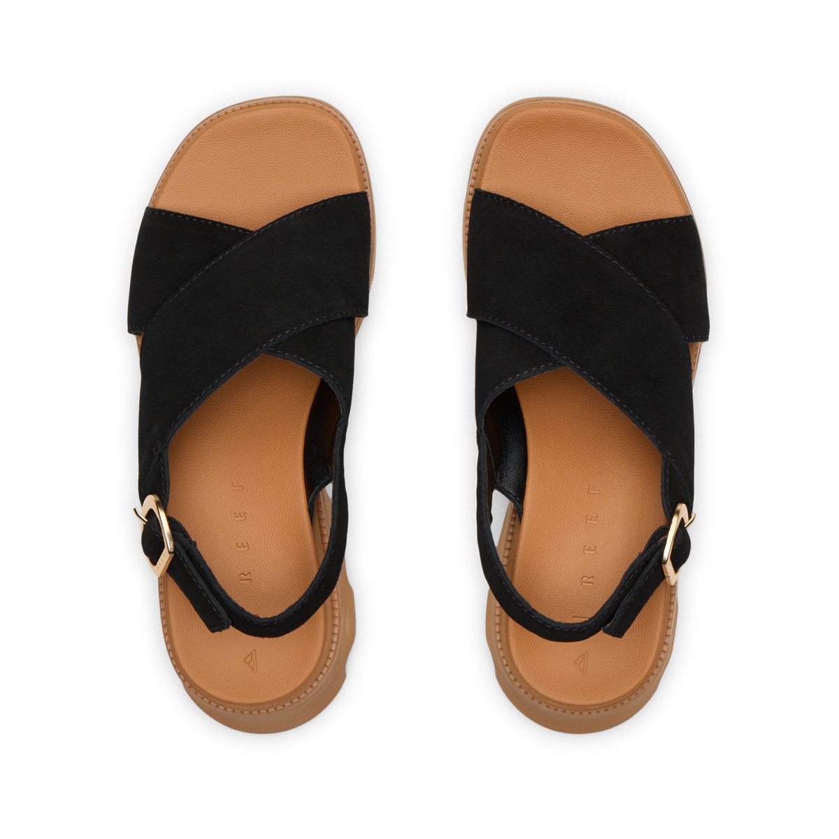 Pair of black Vista Luxe Ava sandals top view showing crossover strap and ankle buckle, designed for comfort and beach style.
