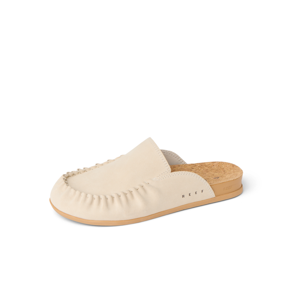 Vista Myra facing left, women's warm sand leather slip-on clog with soft cork footbed and enhanced arch support for comfort