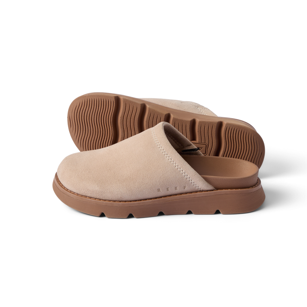 Vista Luxe Mariana facing right, women's light taupe suede clog with closed toe and cushioned arch support for all-day comfort